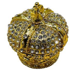 Jewelry Box Crown Faux Diamond Decorative Hinged Trinket Gold  3‎ 1/2"